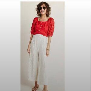 Anthropologie Wide Leg Side Button Cream W/ Golden Brown Striped Pants Size
